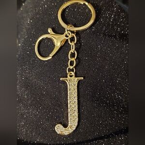 Gold Tone Allover Rhinestone Letter J Initial Bag Purse Charm Keychain New